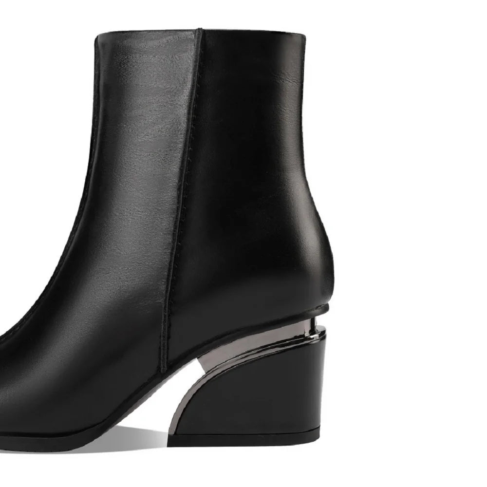 Newest High Heels Women Short Boots Elegant Square Toe Office Lady Shoes Genuine Leather Side Zipper Shoes 33-43