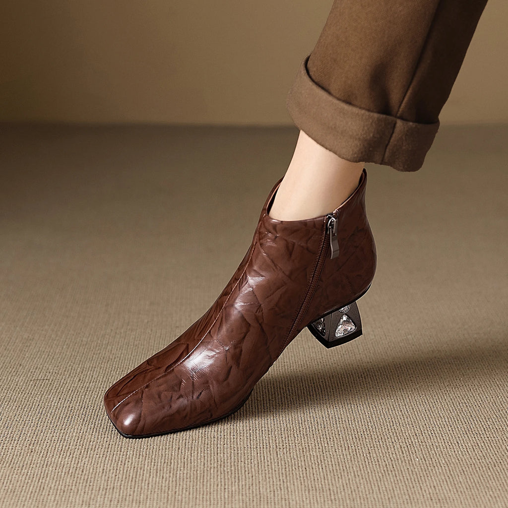 New Women Handmade Genuine Leather High Heels Zipper Boots Autumn Winter Square Toe Strange Heel Ankle Boot 34-40