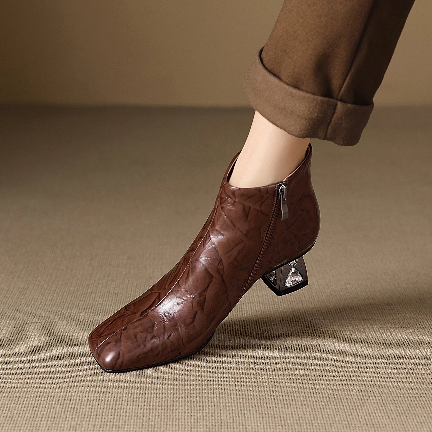 New Women Handmade Genuine Leather High Heels Zipper Boots Autumn Winter Square Toe Strange Heel Ankle Boot 34-40
