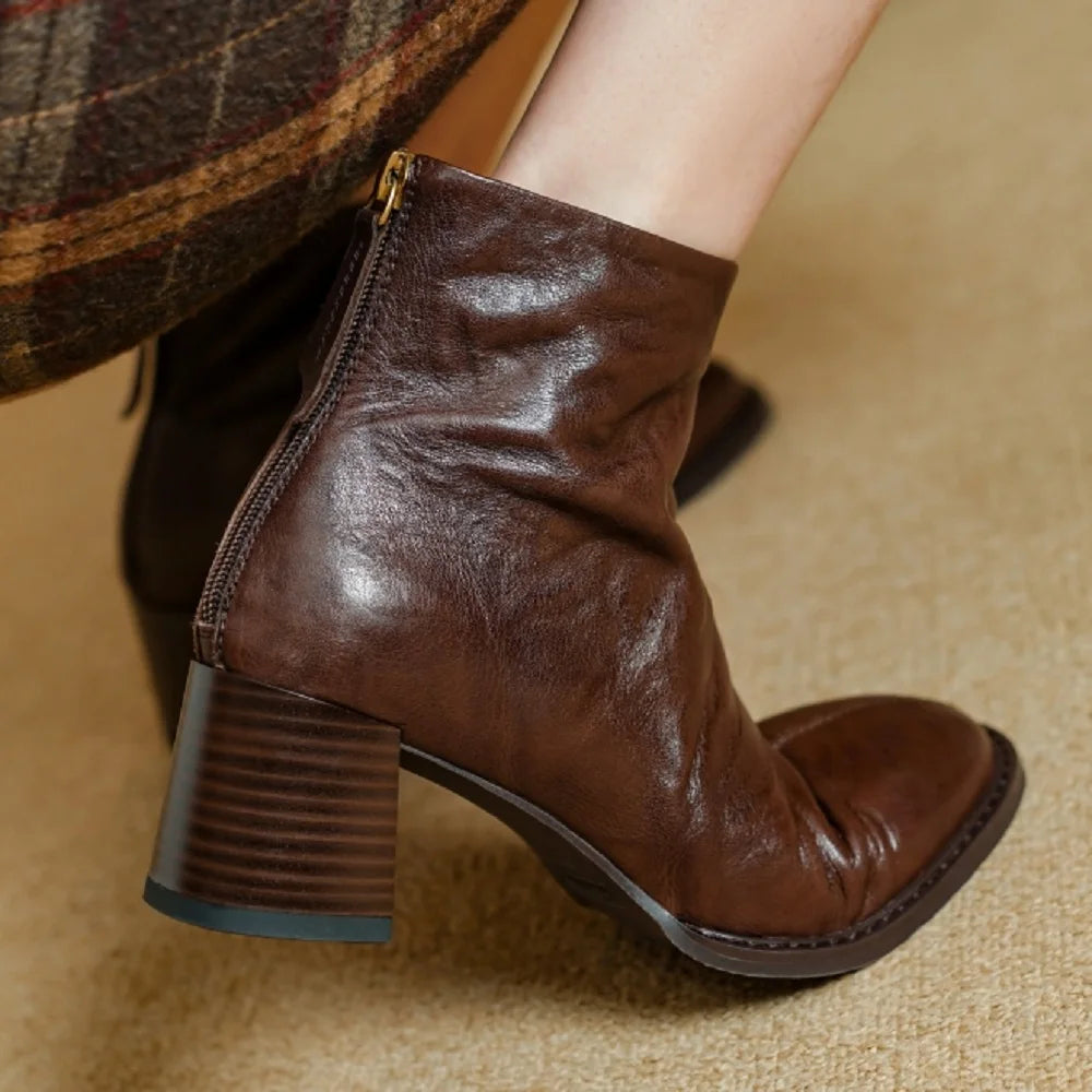 Handmade Genuine Leather Soft and comfortable Ankle Boots Women Booties Chunky Mid Heels Square Toe Shoes 34-40