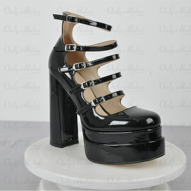 Women Buckle Strap Platform Pumps Black Patent Leather Cross-tied Square Toe Fashion Party Thick High Summer Heels