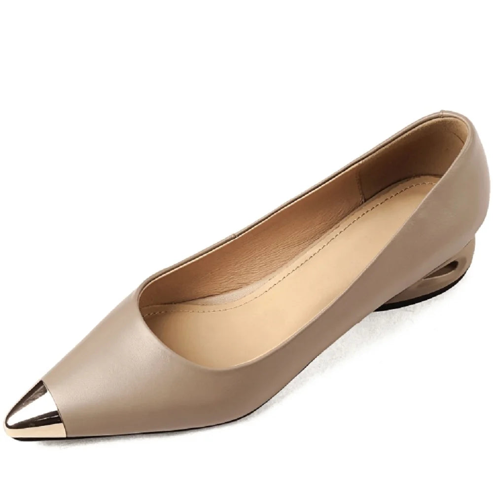 Handmade Genuine Leather Low Heel Metal Pointed Toe Soft Leather Flat Comfortable Women's Shoes Seasonal Slippers