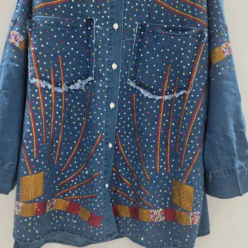 2026 Autumn New High-End Big Size Set For Women Rhinestone Denim Shirt Elastic Wasit Wide-Leg Denim Pants Trendy 11A05774