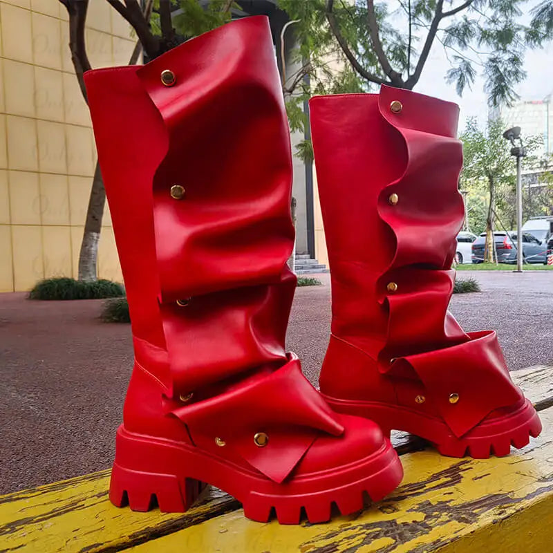 Onlymaker Women Platform Red Fold Over Boots Block Heel Round Toe Western Pull on Fashion Mid-Calf Female Boots