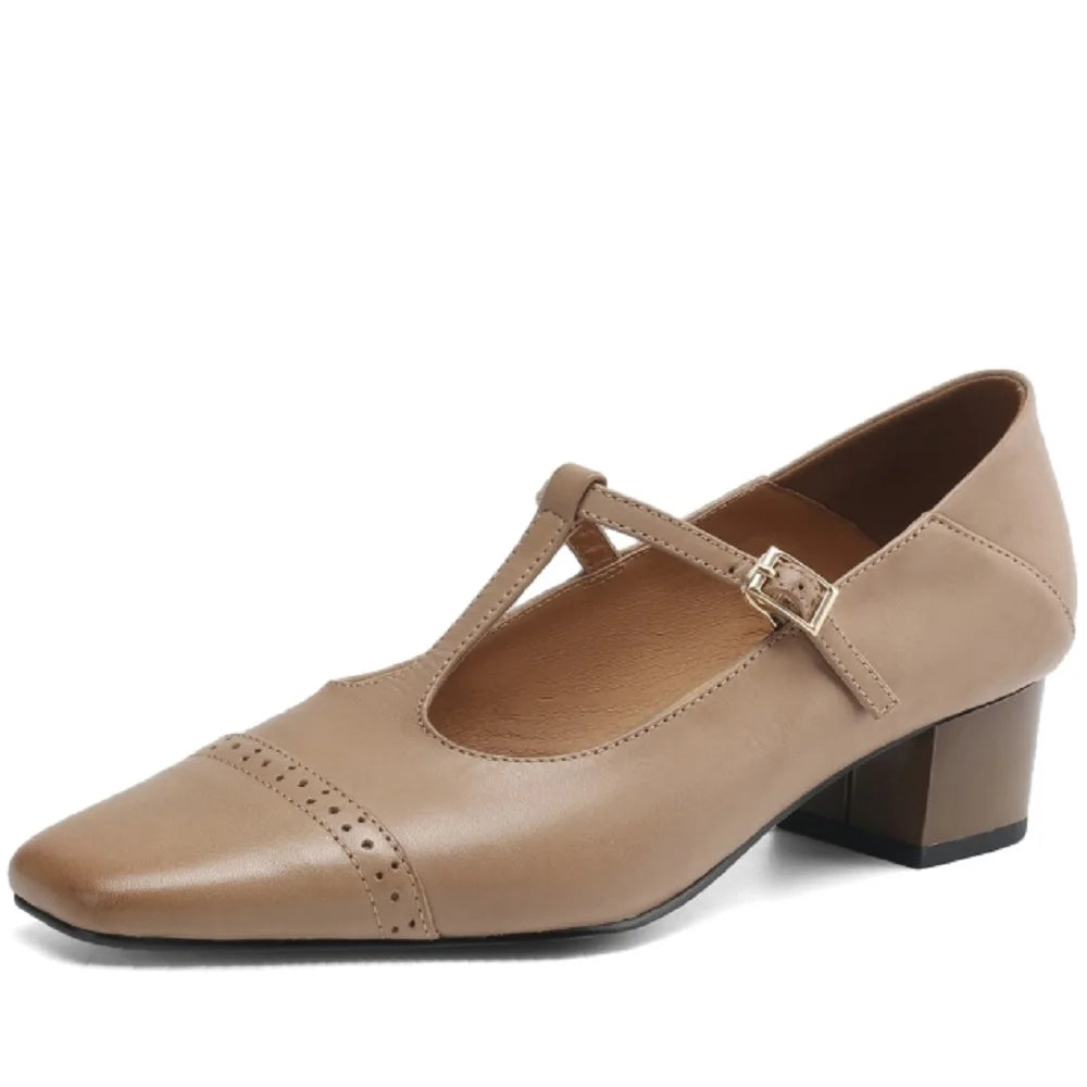 women's Handmade Genuine leather metal buckle slip-on Mary Jane pumps 4cm thick med heel elegant shoes 34-41