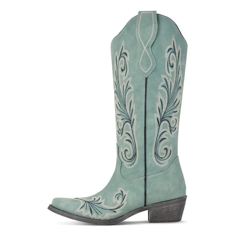 Onlymaker Women Embroidered Pull-on Cowboy  Western Boots  Mid Calf Block Heels Cowgirl Boots