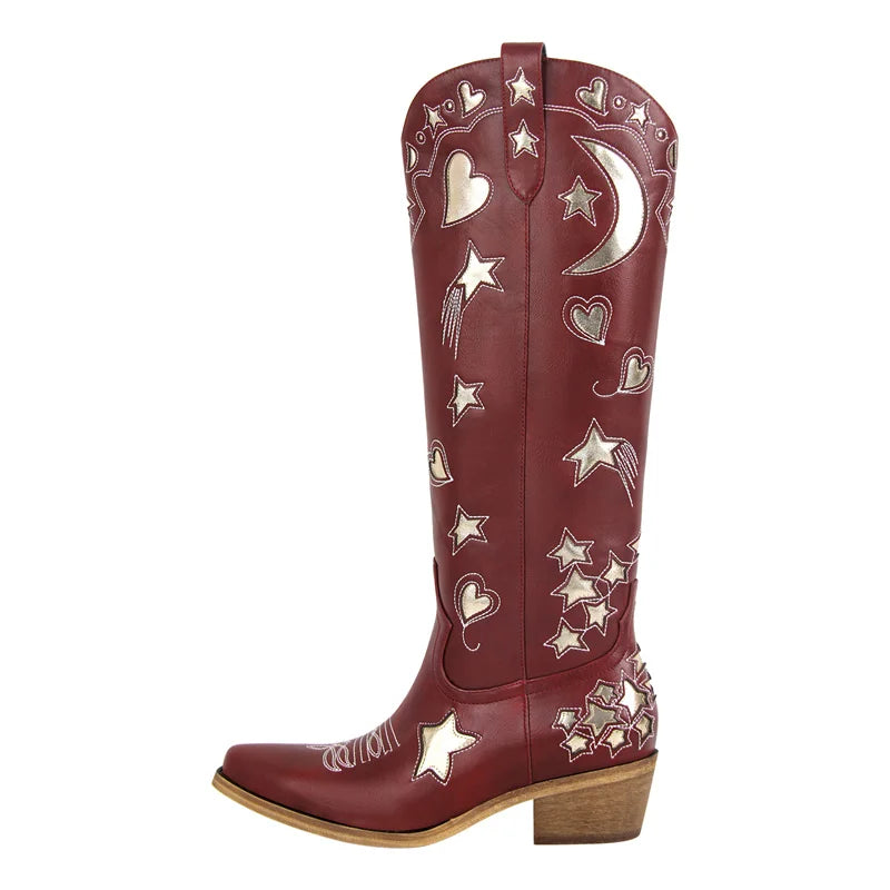 Onlymaker Women  Pointed Toe Knee High Western Cowgirl Boots Comfy White Stars Side Zipper Big Size  Cowboy Boots
