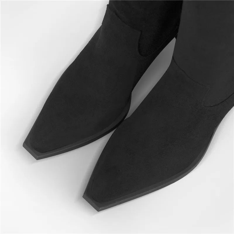 Onlymaker Woman Pointed Toe Black High Wedge Heel Flock Boots Winter Autumn Fashion  Big Size Fringe Boots