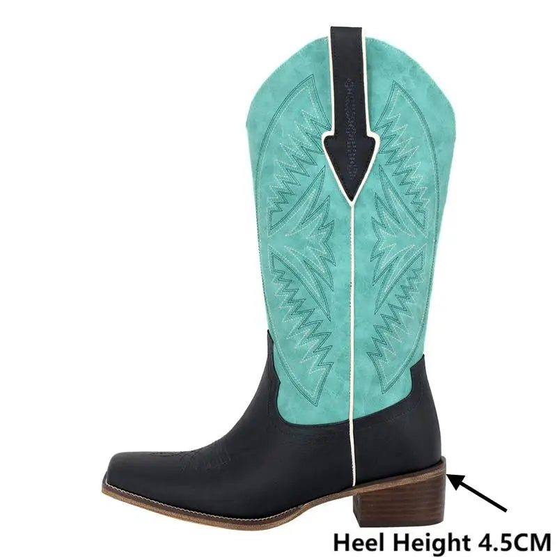 Onlymaker Women Square Toe Embroidered  Western Boots Block Heel Fashion Big Size Side Zipper Cowgirl Boots