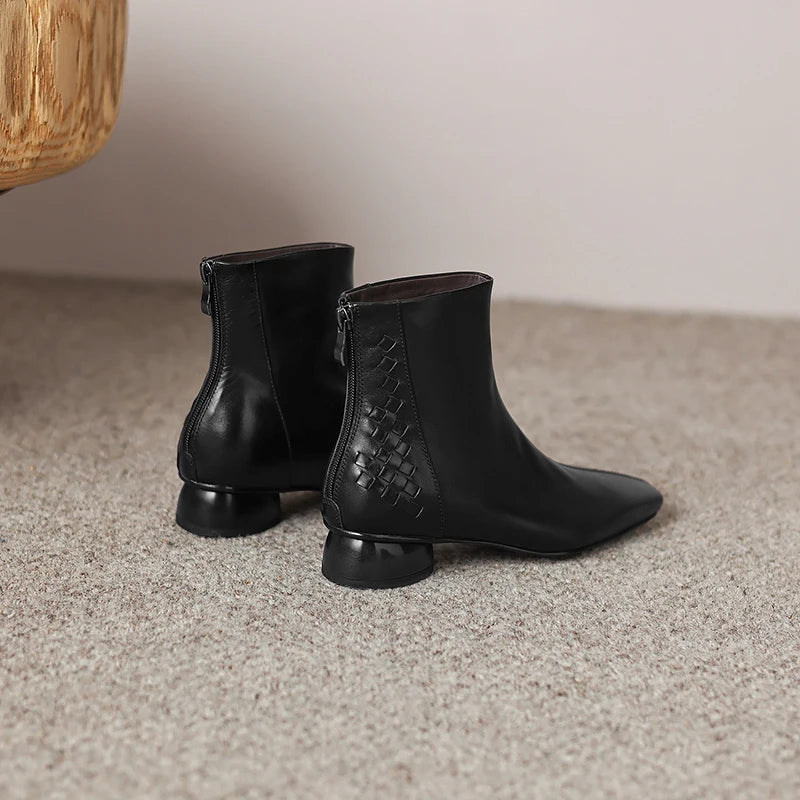 Women Handmade Genuine Leather square toe side zip ankle boot elegant ladies Mid heel daily slim dress 34-40
