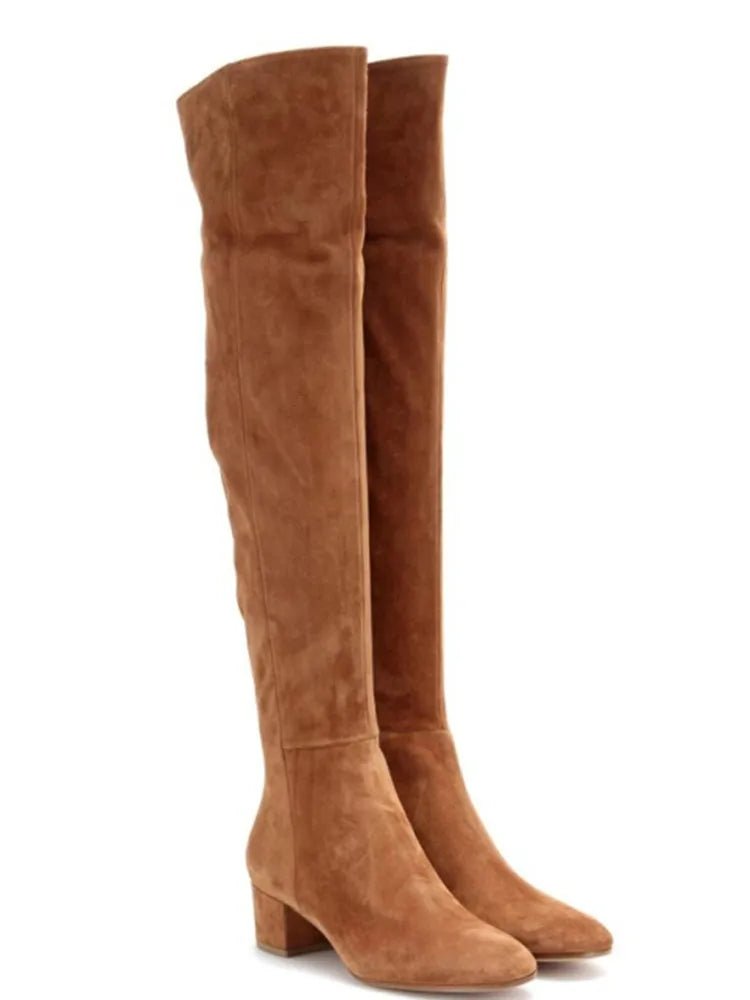 2025 Autumn and Winter New Women's Knee Over Boots Round Head Thick High Heels Side Zipper 34-46 Large Women's Boots