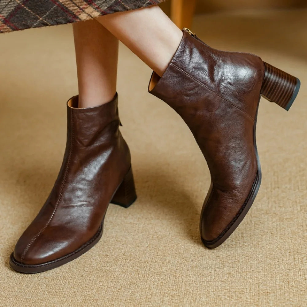 Handmade Genuine Leather Soft and comfortable Ankle Boots Women Booties Chunky Mid Heels Square Toe Shoes 34-40