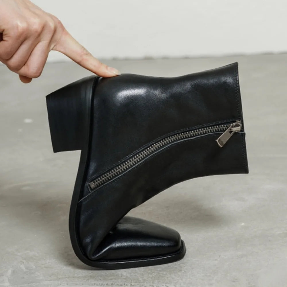 Size 34-40 New Handmade Genuine Leather Soft and comfortable Ankle Boots Zipper Chunky Mid Heels Square Toe Boot