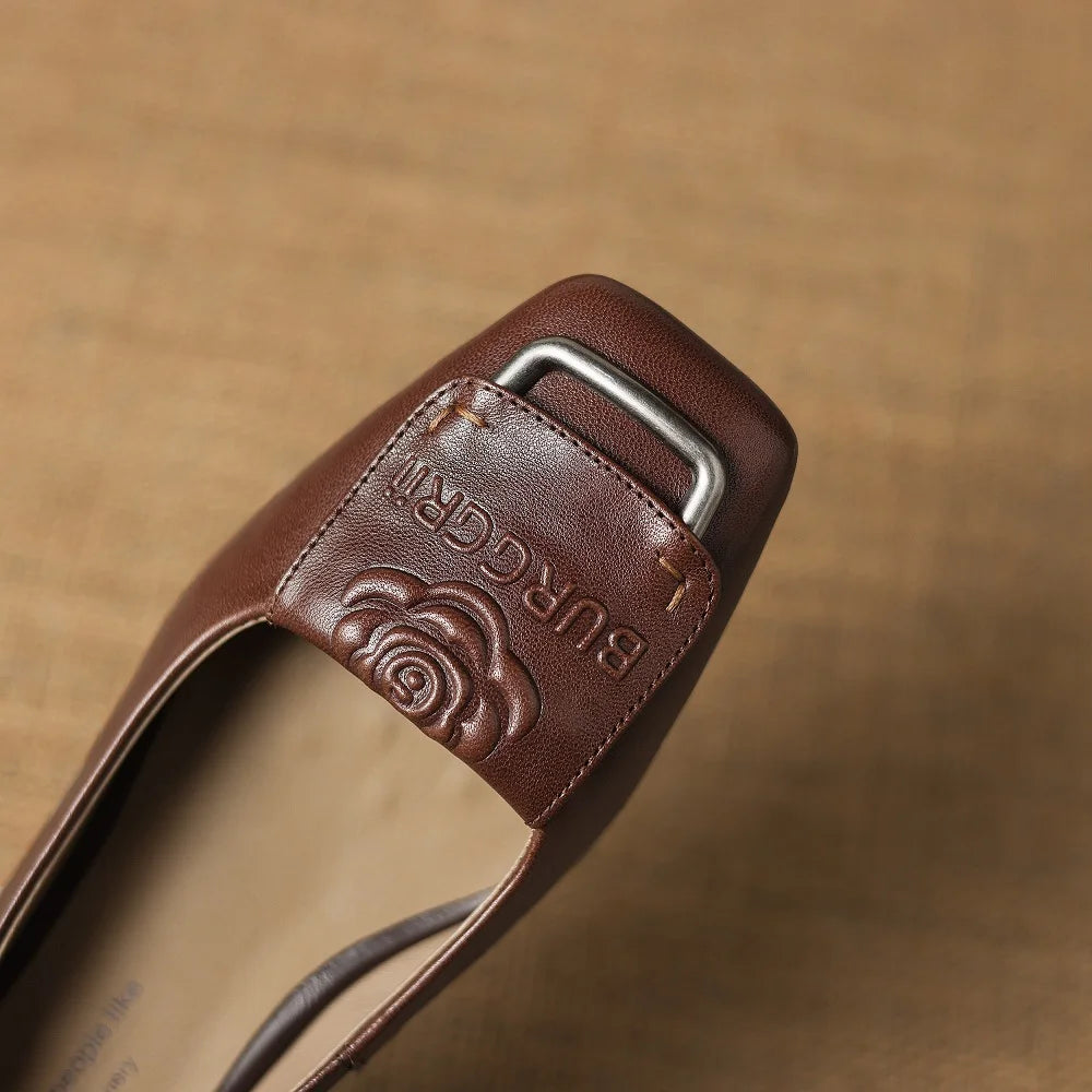 Handmade Genuine Leather Women Soft comfortable Square Toe Dec Mid Thick Heels Office Ladies Dress Shoes Female