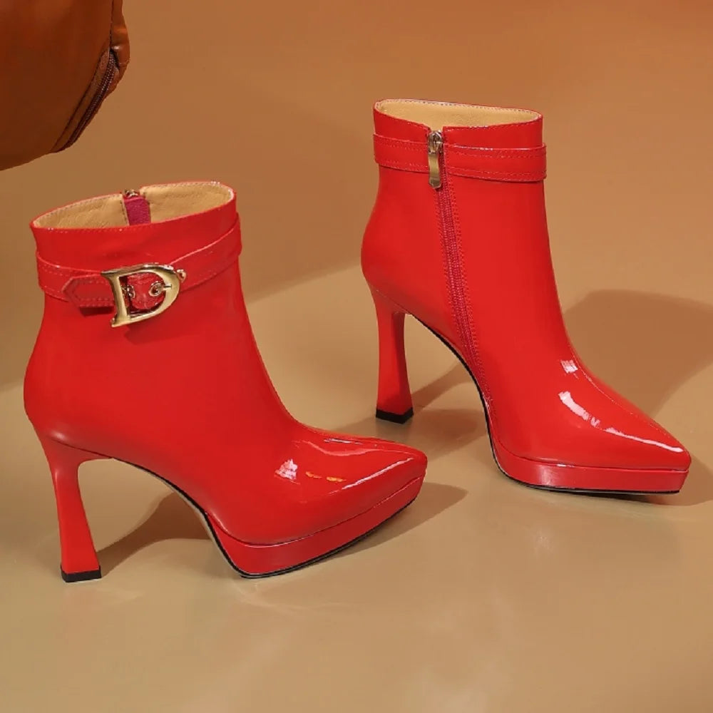 Women Handmade Genuine Leather Plush Platform Ankle Boot High Chunky Heels Office Ladies Buckle Zipper Short Boot