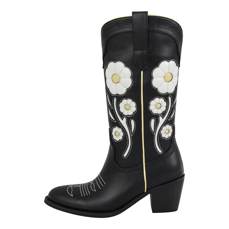 Onlymaker Women Pointed Toe Mid-Calf Boots  Western Flower Cowgirl Boots Comfy Pull-ON Big Size Cowboy Boots