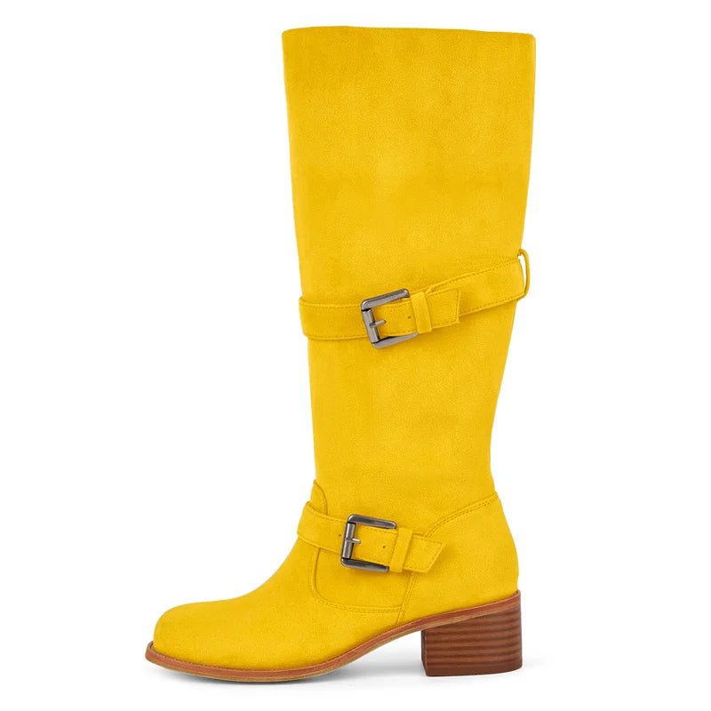 Onlymaker Women Round Toe Knee High Boots Low Heel  Fashion Pull on Wide Calf  Boots