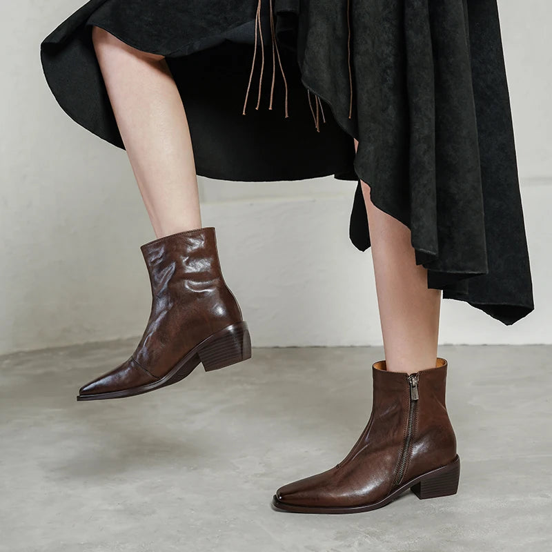 Size 34-40 New Handmade Genuine Leather Soft and comfortable Ankle Boots Zipper Chunky Mid Heels Square Toe Boot