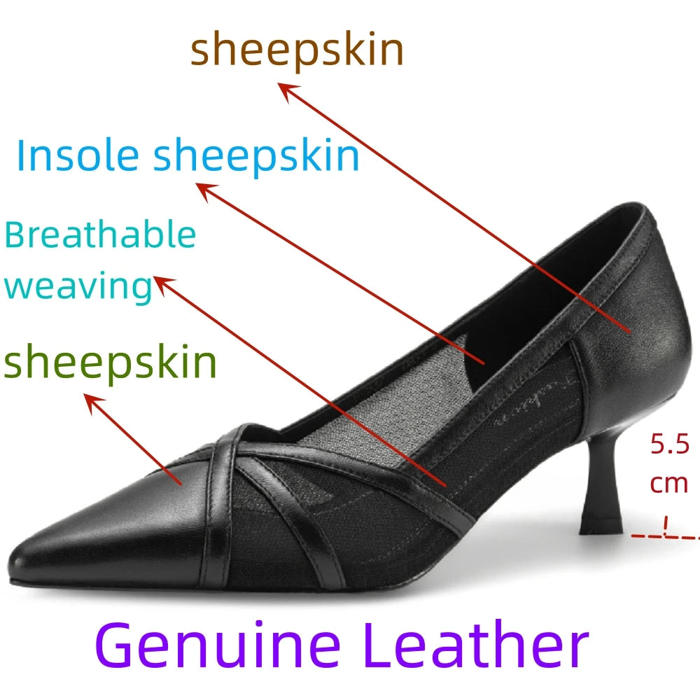New Women Handmade Genuine Leather Breathable mesh fabric High Heels Elegant Pointed Toe Casual Shoes 34-40