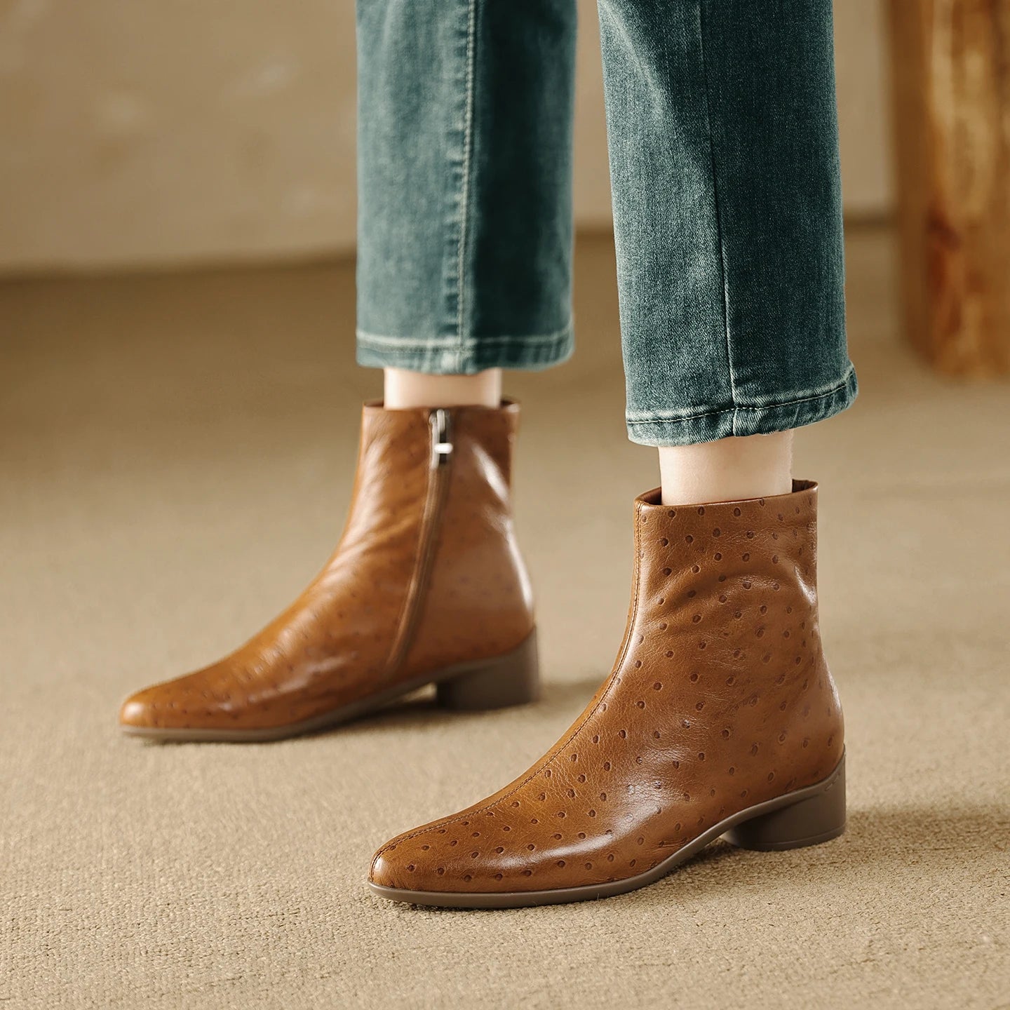 Women Handmade Genuine Leather Soft and comfortable Western Boots Square Toe Chunky Heel Retro Ankle Boots 34-40