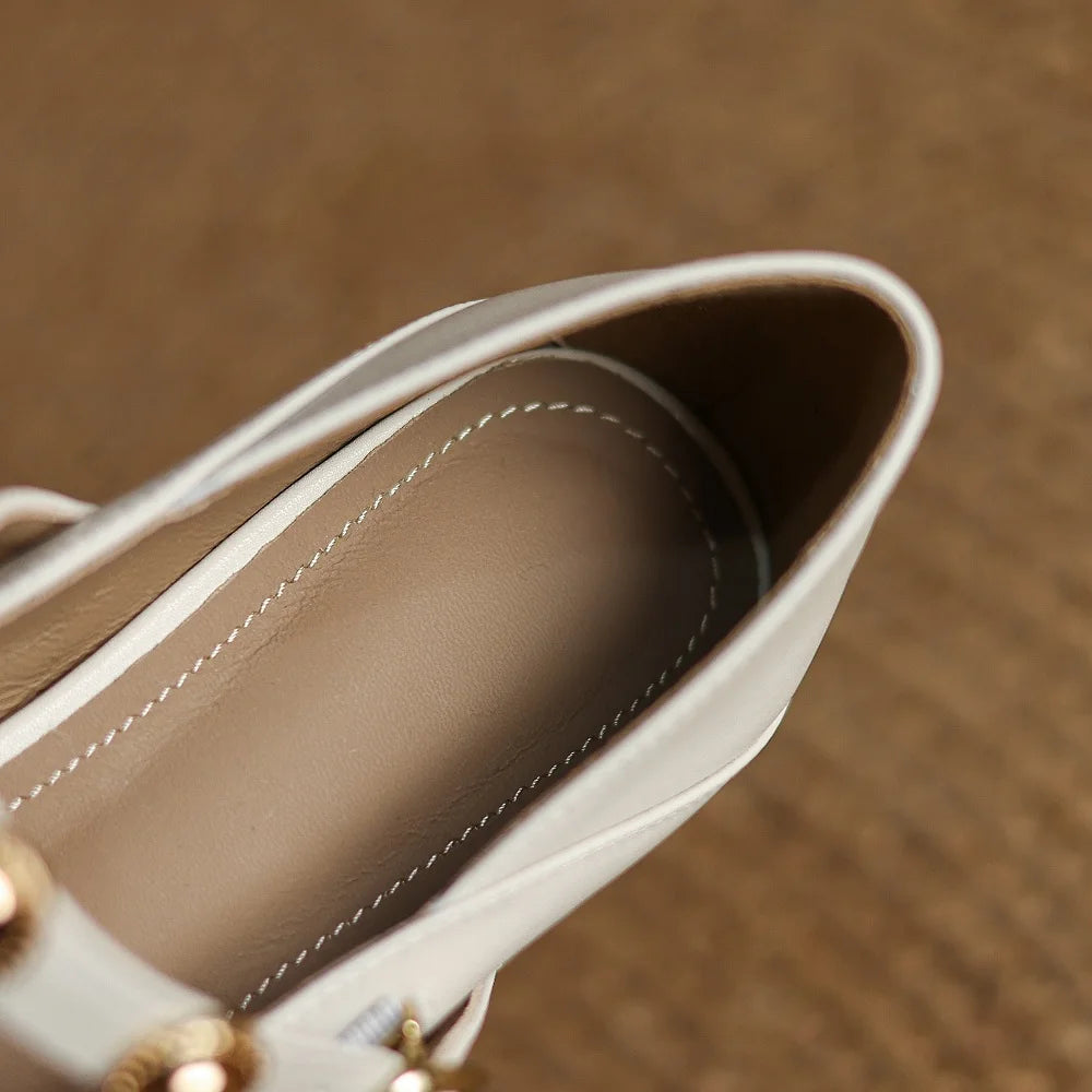 Handmade Genuine Leather Round Toe Med Heels Shallow Mary Janes Rivets Sweet Casual Elegant Luxury Dating 34-41