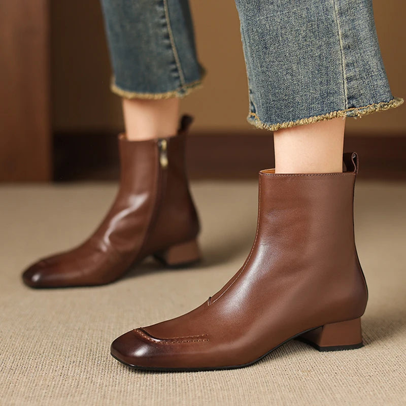 Women's Handmade Genuine leather square toe zip Soft comfortable ankle boots elegant ladies med heel dress 34-40