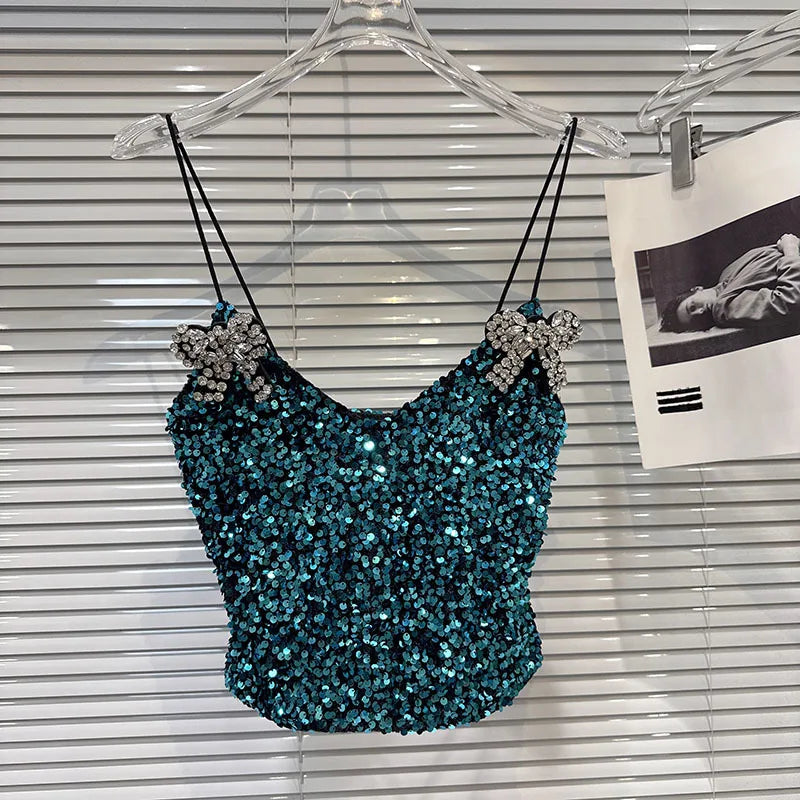 2026 Spring New Fashion Rhinestone Bow Pin Sequin Fabric Camisole For Women Versatile Backless Tank Tops Female 11A08722