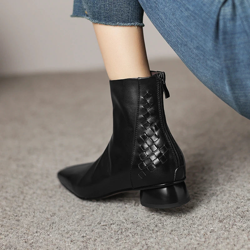Women Handmade Genuine Leather square toe side zip ankle boot elegant ladies Mid heel daily slim dress 34-40