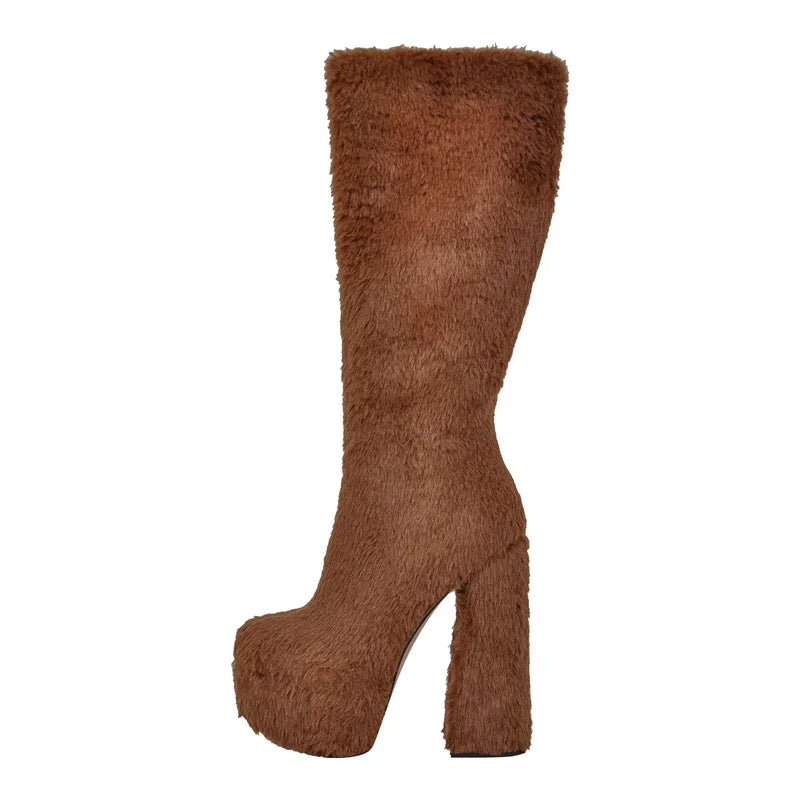 Onlymaker Women Rose Pink Platform Round Toe Chunky Heel Fluffy  Side Zip Lady  Knee High Fashion Boots