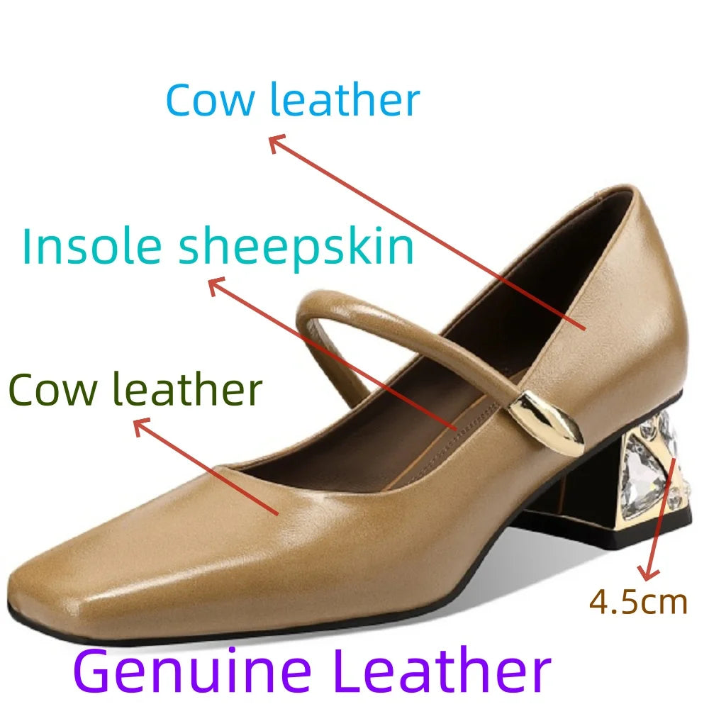 Women Handmade Genuine Leather Retro thick Mid heels Soft and comfortable Square Toe Shoes 33-43