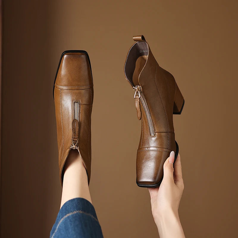 New Women Handmade Genuine Leather Soft comfortable High Heels Ankle Boots Square Toe Short Elegant Short 34-40