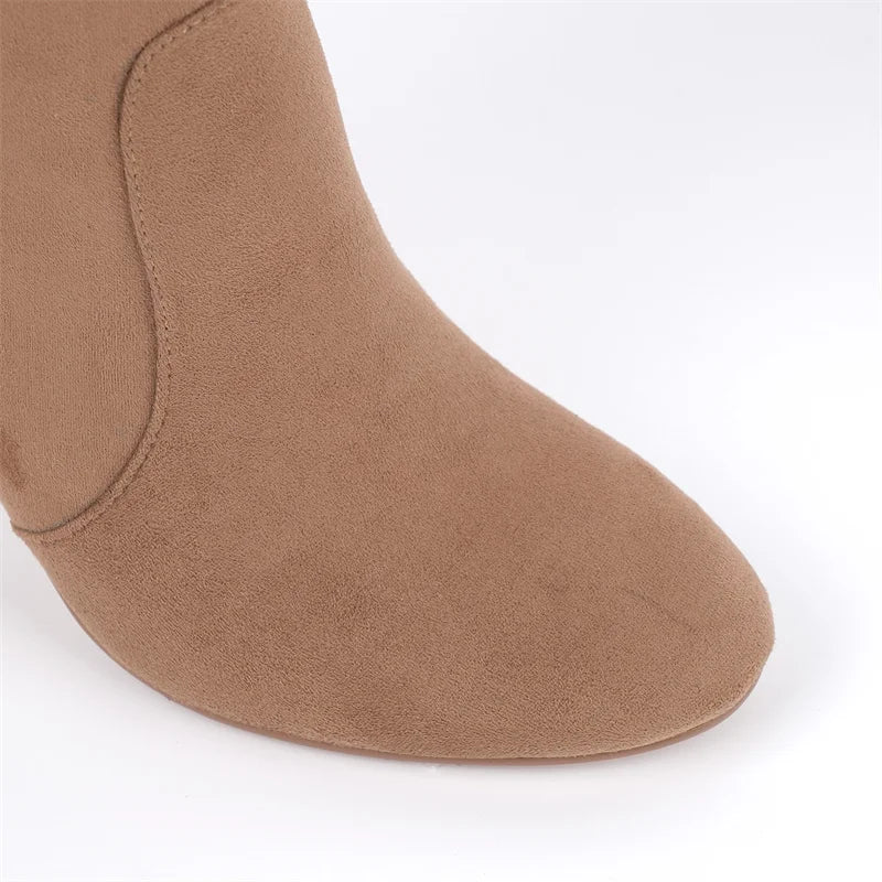 Onlymaker Women Side Zipper Flock Chunky Block Heel Over knee Boots Thigh High Sexy Boots