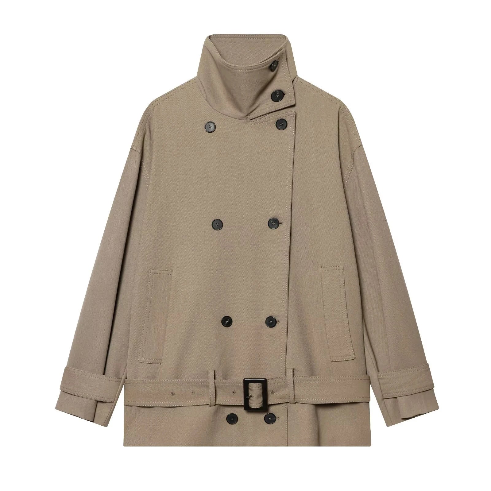 Spring new women's casual style high neck long sleeved flowing metal buckle embellished waistband jacket