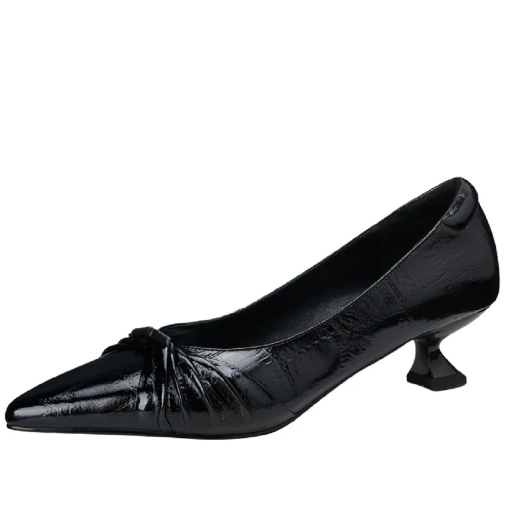 Women's Handmade Genuine Leather pointed toe slip-on pumps Mid heel elegant ladies style daily slim dress heeled
