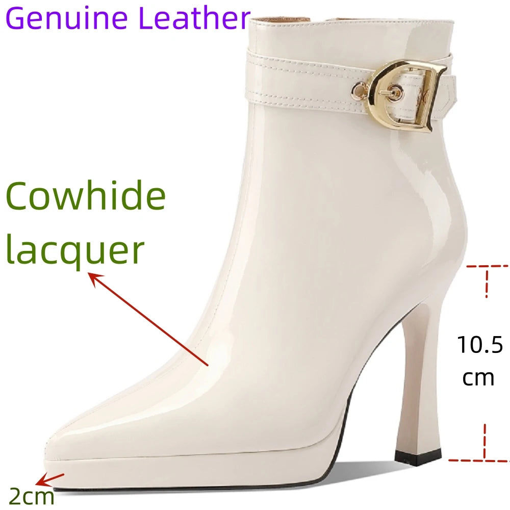 Women Handmade Genuine Leather Plush Platform Ankle Boot High Chunky Heels Office Ladies Buckle Zipper Short Boot