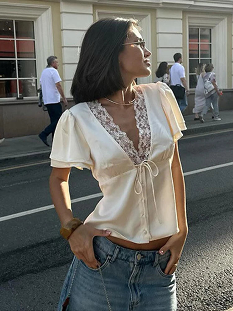 Elegant Solid Lace Trim Satin Blouse For Women Fashion O-neck Long Sleeve Lace Up Waist Tops Lady 2026 Spring Chic Streetwear