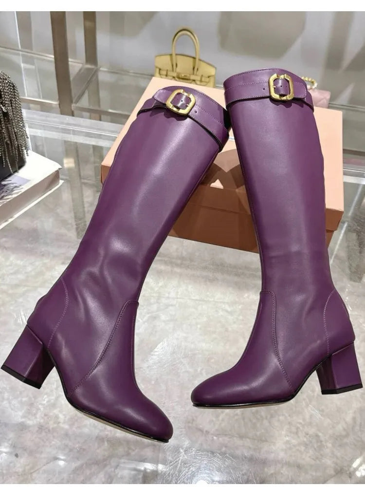 Women's New Thick High Heels Knee High Boots Autumn and Winter Round Toe Buckle Fashionable Mid Heel Boots Women's Short Boots