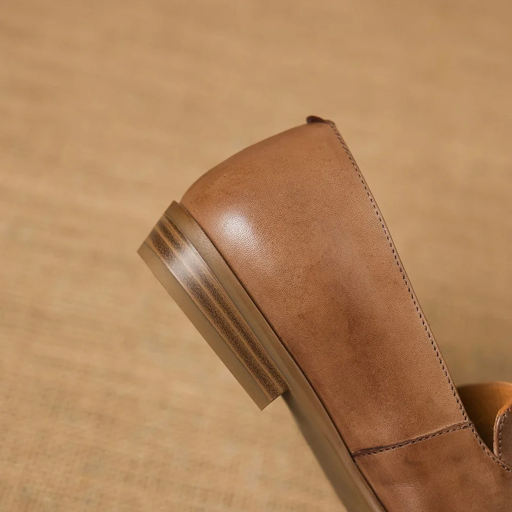 Vintage Handmade Genuine Leather Female Classic Round Toe Low Heels Concise Loafers For Women Casual Shoes 34-40