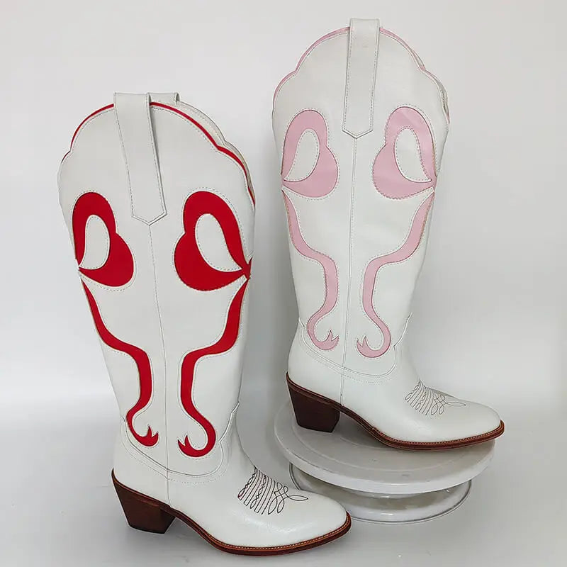 Onlymaker Women White  Pull-on Knee High Cowgirl Boots with Bow  Big Size Comfy Women Cowboy Boots