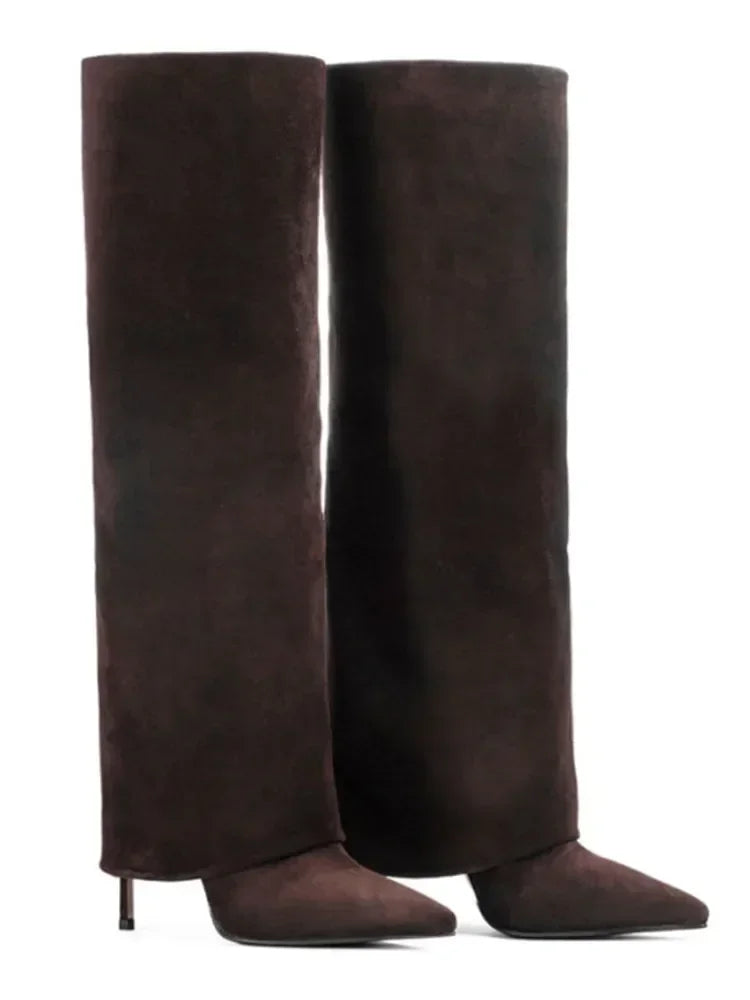 Autumn and Winter New Women's Knee High Leather Boots, Pointed Thin High-heeled Skirt Boots, Black Plus Size Long Boots