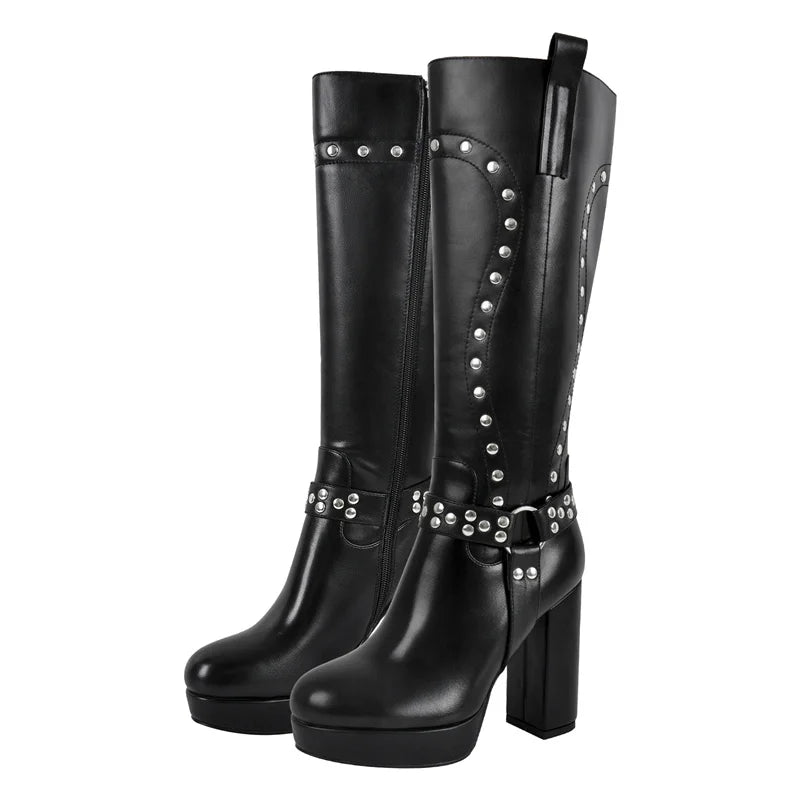 Onlymaker Women Round Toe Platform Knee High Boots Chunky Heel Side Zipper Metal Rivet Decoration Buckle Motorcycle Boots