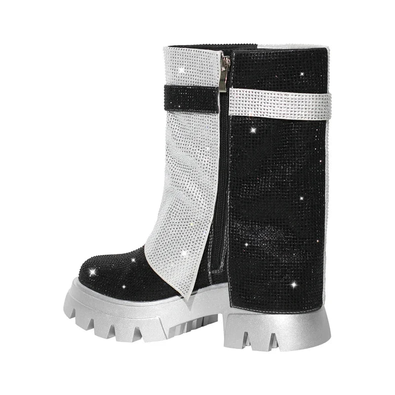 Women Fold Over Rhinestone Trim Boots Round Toe Handmade Female Side Zipper Mid-Calf Boots