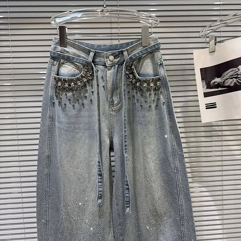 2026 Spring New Heavy Industry Pocket Rhinestone Vintage Wide-Leg Jeans For Women High Waist Straight Denim Pants 11A08297