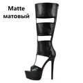 Onlymaker Women Platform Patent Leather Zipper Knee High Boots Sexy Thin High Heel Hollow Gladiator Cutout  Boots Sandals