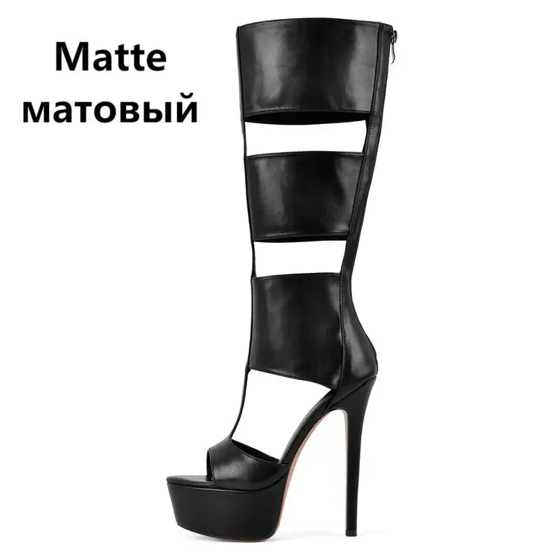 Onlymaker Women Platform Patent Leather Zipper Knee High Boots Sexy Thin High Heel Hollow Gladiator Cutout  Boots Sandals