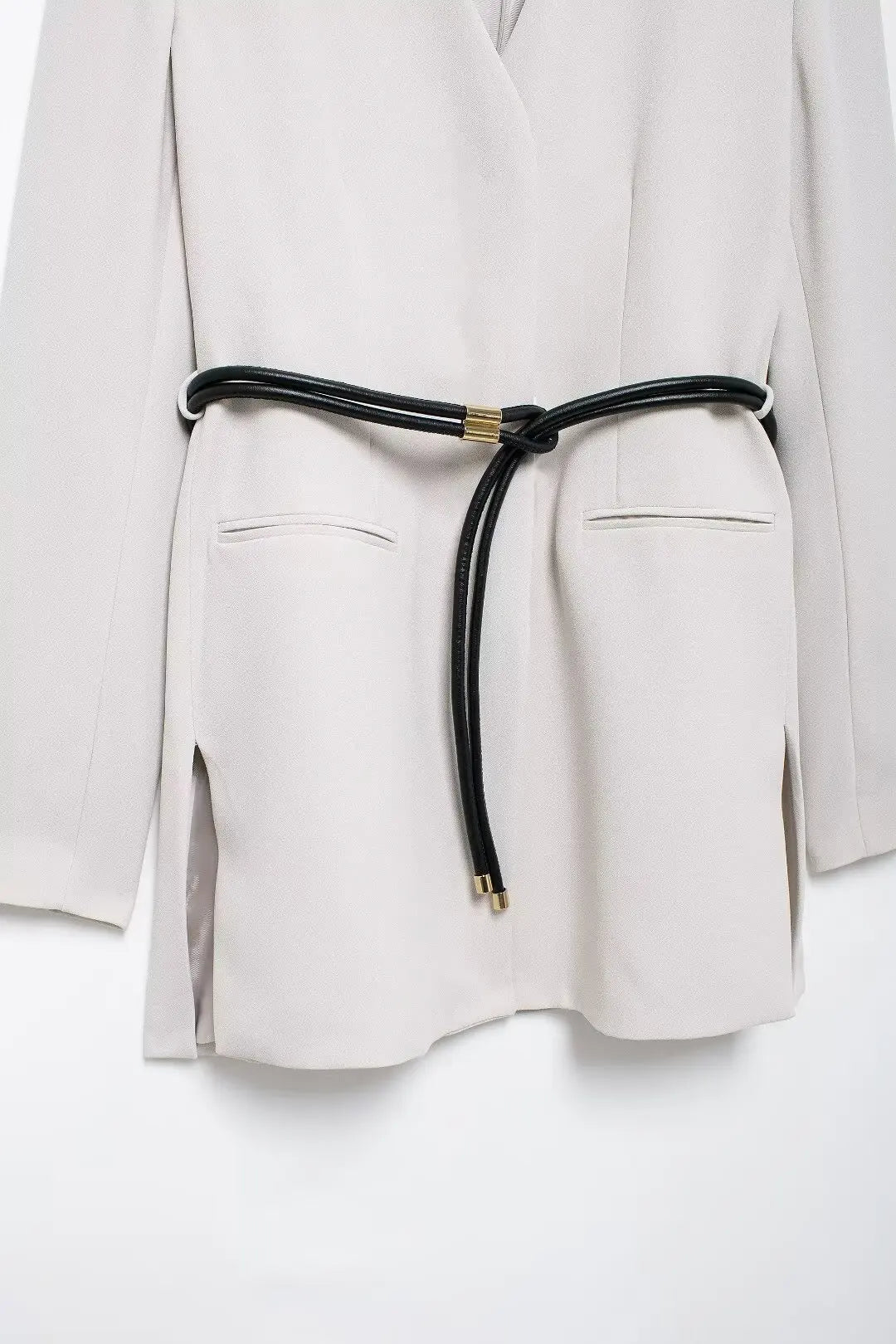 EDSA Women Belt Blazer Long Sleeves with Shoulder Pads V-Neck Jacket Long Sleeves for Office Lady Coat Outerwear