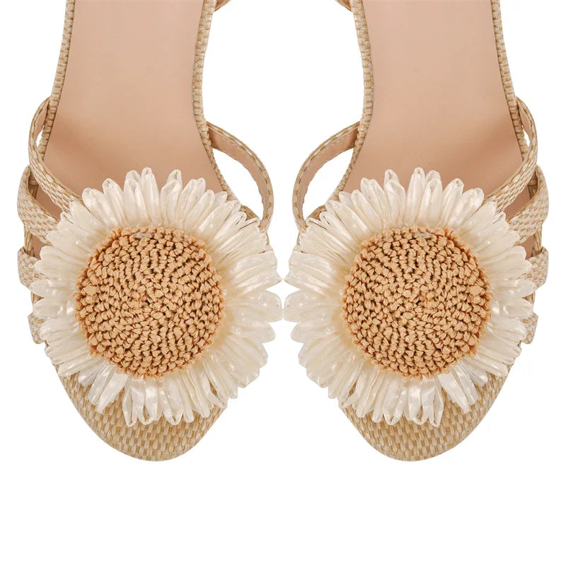 Women Platform Open Toe Cane Flower Buckle Strap  Chuny Heeled  Summer Sandals