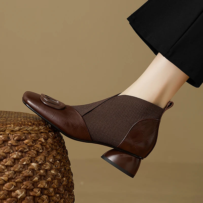 Handmade Brand Genuine Leather Women Ankle Boots Mid Heels Square toe Autumn Winter Dress Party Lady 34-43