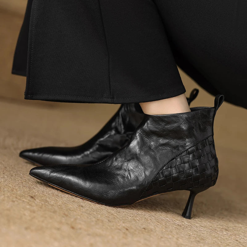 Women's Handmade genuine leather thin high heel pointed toe zip short booties British Style ankle boots