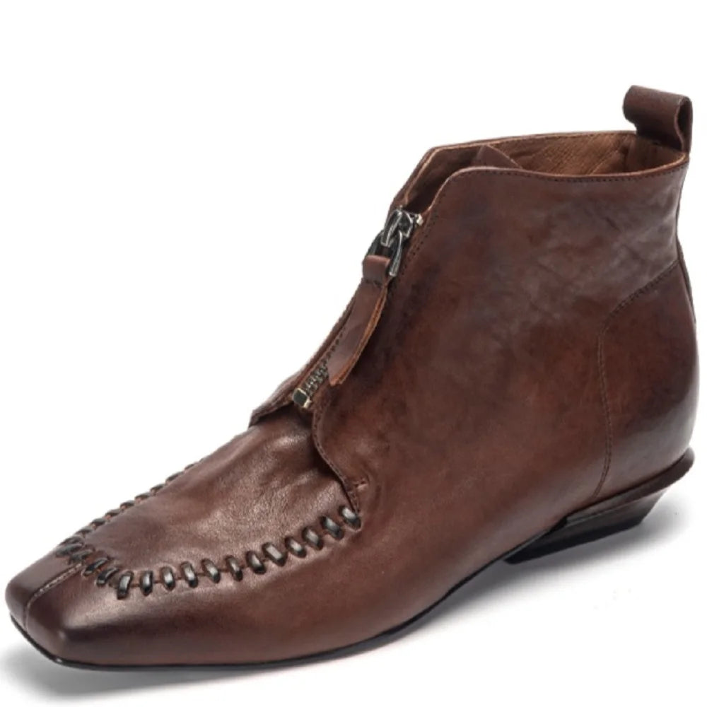 Women Handmade Genuine Leather Mid Heel Modern Soft and comfortable Ankle Boots Daily Shoes Zipper Boots 34-40